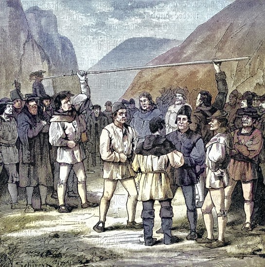 German Peasants' War, 1524-1526, vote on Luibas. Leubas is a church village in the north of the city of Kempten and had a bone mill in the Middle Ages. In 1525, farmers gathered in January and decided to appoint the Swabian League/German Peasants' War, vote on Luibas. Leubas is a church village in the North of the City of Kempten and in the Middle Ages had a bone mill. In 1525 Peasants Gathered in January and Made the Decision to Call the Swabian League, historical, digitally restored reproduction of an original model from the 19th century, exact original date not known, subsequently colored