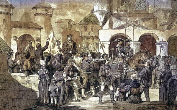 German Peasants' War, 1524-1526, Hubmaier is solemnly received in Landshut/German Peasants' War, Hubmaier is solemnly received in Landshut, historical, digitally restored reproduction of an original original from the 19th century, exact original date not known, subsequently colored