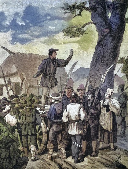 German Peasants' War, 1524-1526, Lochmeier preaches to 7000 men/German Peasants' War, Lochmeier preaches to 7000 men, historical, digitally restored reproduction of an original model from the 19th century, exact original date unknown, colored later