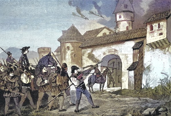 German Peasants' War, 1524-1526, incineration of Sulz/German Peasants' War, shelling of Sulz, historical, digitally restored reproduction of an original model from the 19th century, exact original date unknown, subsequently colored