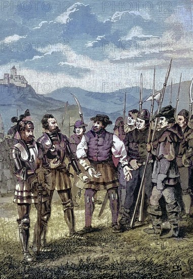 German Peasants' War, 1524-1526, The Counts of Hohenlohe must swear to the League of Farmers/German Peasants' War, The Counts of Hohenlohe must swear allegiance to the League of Peasants, historical, digitally restored reproduction of an original original from the 19th century, exact original date not known, subsequently colored