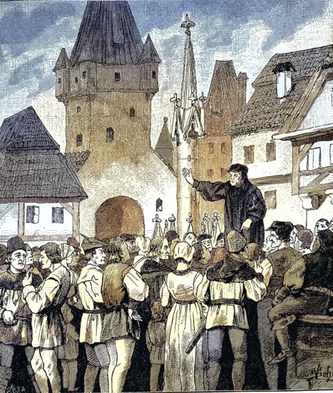 German Peasants' War, 1524-1526, Münzer predigt dem Volk in Klettgau/German Peasants' War, Münzer preaches to the people in Klettgau, historical, digitally restored reproduction of an original model from the 19th century, exact original date unknown, subsequently colored