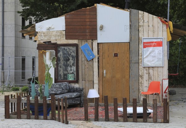 Ahrbnb, an installation by Rocco and his brothers, for the lack of state aid for the victims of the Ahr Valley flood disaster. The hut was built entirely from debris and mud left behind after the devastating flood disaster in the Ahr valley (July 2021), created in 2022, Oldenburg, Lower Saxony, Germany, (permanent artwork in public space)