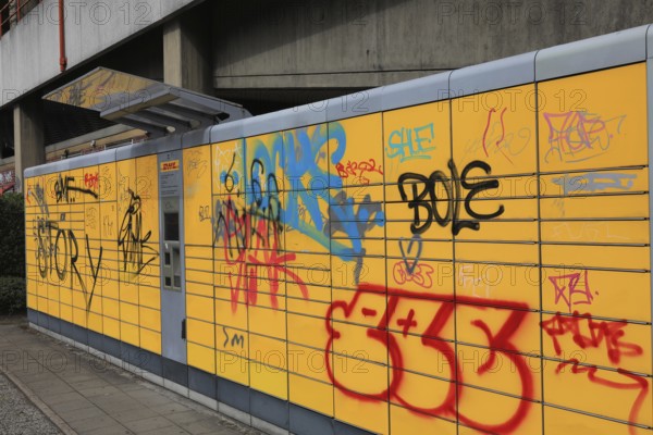 Property damage, smudges at a Deutsche Post parcel collection station, here in Oldenburg, Lower Saxony, Germany