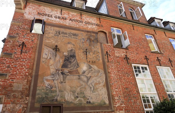 The House of Count Anton Günther is a historic house in the center of Oldenburg, Germany, dating from 1682. The façade, which was redesigned in 1894 in the Neo-Renaissance style, depicts Count Anton Günther riding a horse, Oldenburg, Lower Saxony, Germany