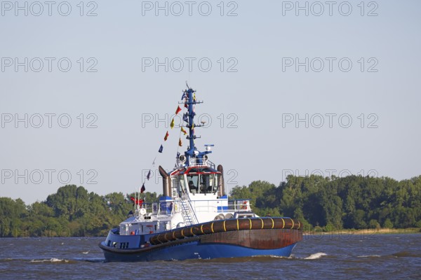 Decorated ship type Fairplay-91 tugboat leaves the port of Hamburg on the Elbe after Hamburg's port birthday, Wedel, Schleswig-Holstein, Germany