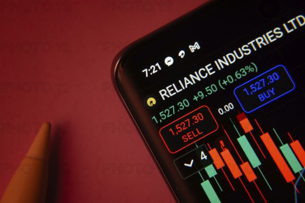 Dhaka, Bangladesh- 08 Sep 2025: Close-up of a phone screen showing Reliance Industries stock market data with a candlestick chart