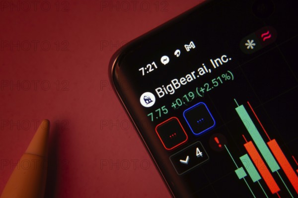 Dhaka, Bangladesh- 08 Sep 2025: Close-up of a phone screen showing BigBear Ai Inc stock market data with a candlestick chart