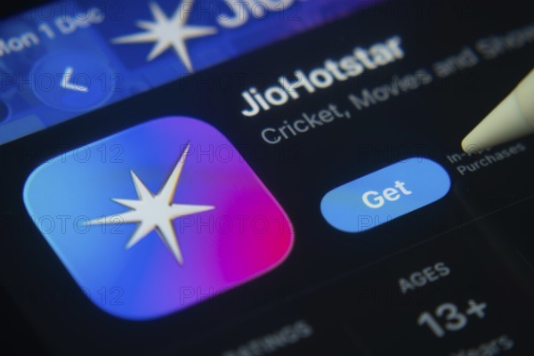 Dhaka, Bangladesh- 01 Dec 2025: A close-up of the JioHotstar app icon in the App Store on an iPad screen