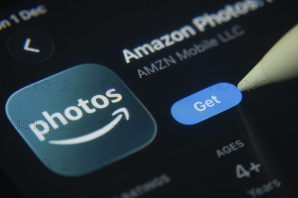 Dhaka, Bangladesh- 01 Dec 2025: A close-up of the Amazon photos app icon in the App Store on an iPad screen
