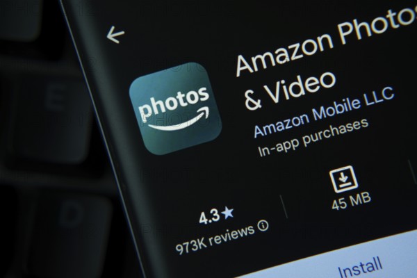 Dhaka, Bangladesh- 27 July 2025: Amazon photos app from Google Playstore is displayed on a smartphone screen