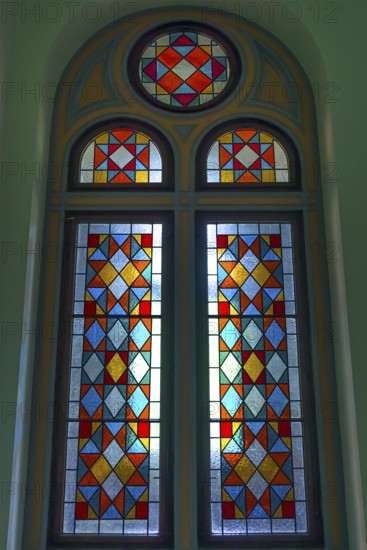 Colored stained glass windows in the National Yuri Fedkovych University, founded 1875, Czernowicz, Ukraine