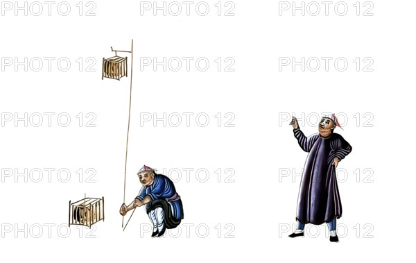 Jurisprudence, torture and punishment in medieval China, severed heads that were displayed, often in cages or on skewers to deter the population or to demonstrate power, authentic, digitally restored reproduction from an 18th-century original, exact date of presentation unknown, historical