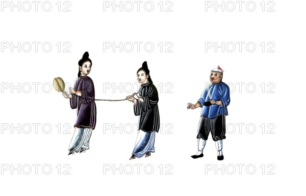 Jurisprudence, torture and punishment in medieval China, prisoner is carried away with a chain around the neck, authentic, digitally restored reproduction from an 18th century original, exact date of depiction unknown, historical