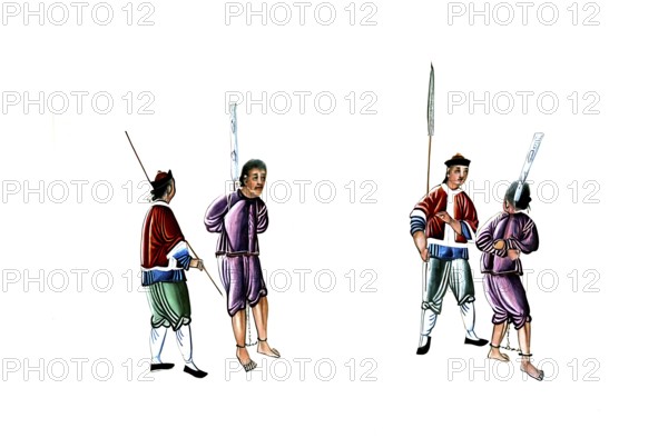 Jurisprudence, torture and punishment in medieval China, two convicts, chained by hands and feet, are presented by guards, authentic, digitally restored reproduction from an 18th century model, exact date of presentation unknown, historical