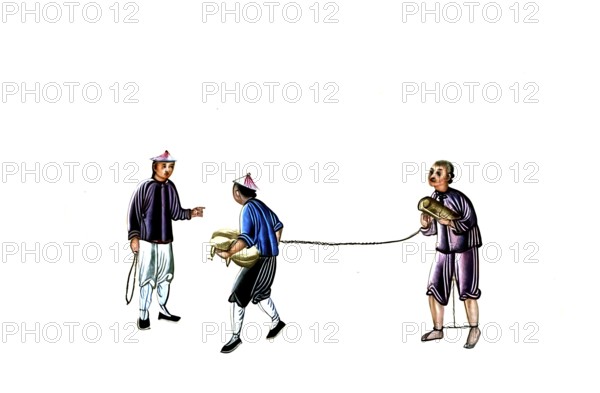 Jurisprudence, torture and punishment in medieval China, two guards lead an offender in chains, authentic, digitally restored reproduction from an 18th century original, exact date of depiction unknown, historical