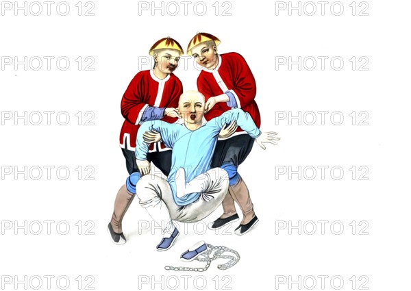 Jurisprudence, torture and punishment in medieval China, twisting of the ears, While cutting off the ears was a permanent mark as a criminal, twisting or twisting served more to force confessions or brief punishment, authentic, digitally restored reproduction from an 18th century original, exact date of presentation unknown, historical