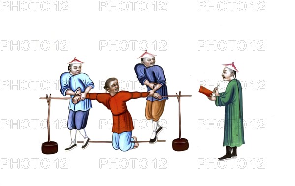 Jurisdiction, torture and punishment in medieval China, torture by pressing knuckles with wooden bars. The victim kneels on the ground while two or three long wooden bars are placed between the legs and over the ankles in such a way that they exert massive pressure on the joints through leverage or body weight of the torturers, authentic, digitally restored reproduction from an 18th century original, exact date of presentation unknown, historical
