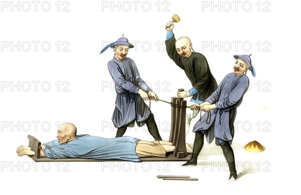Jurisprudence, torture and punishment in medieval China, The Rack torture method. The victim of torture lying on a long table was handcuffed by the arms and legs. At one end, a hand lever wheel was used to slowly tighten a rope, with which the arms were usually tied in a sling, so that the joints were stretched or the bones of the tormented person were released from their joints, authentic, digitally restored reproduction from an 18th century original, exact date of presentation unknown, historical