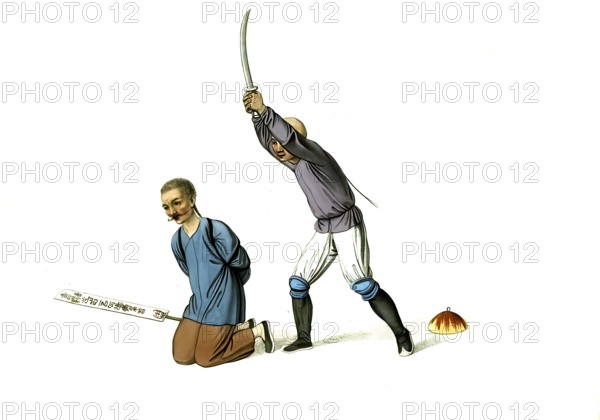 Jurisprudence, torture and punishment in medieval China, beheading of a criminal with a sword, shape of head, authentic, digitally restored reproduction from an 18th century model, exact date of presentation unknown, historical