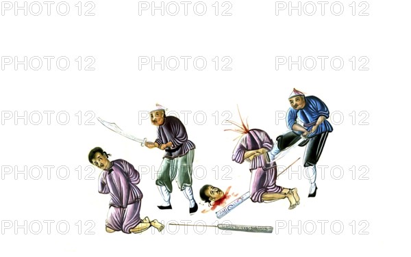 Jurisprudence, torture and punishment in medieval China, scene of the beheading of an offender, authentic, digitally restored reproduction from an 18th century model, exact date of presentation unknown, historical