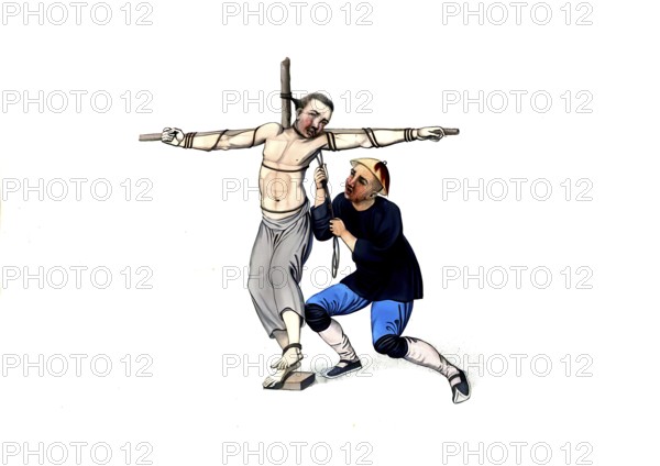 Jurisprudence, torture and punishment in medieval China, death penalty by hanging, form of execution in which the convicted person was strangled at a stake, authentic, digitally restored reproduction from an 18th-century model, exact date of presentation unknown, historical