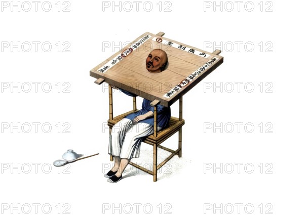 Jurisprudence, torture and punishment in medieval China, method of punishment, often known as cangue in the West, was a form of public humiliation and corporal punishment widespread in imperial China. The wooden collar usually consisted of two heavy wooden plates, which were placed around the convict's neck and sealed. Wearers could not bring their hands to their mouths, which made them completely dependent on the help of third parties when eating and drinking. In extreme cases, this defenselessness led to death through starvation or exhaustion, authentic, digitally restored reproduction from an 18th century original, exact date of depiction unknown, historical