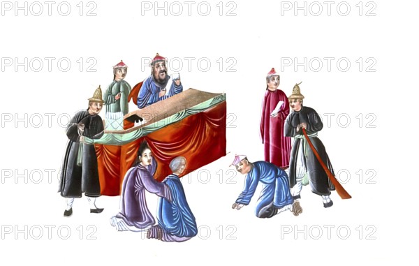 Jurisprudence, torture and punishment in medieval China, sentencing by the court against the offender, authentic, digitally restored reproduction of an original from the 18th century, exact date of presentation unknown, historical