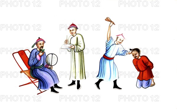 Jurisprudence, torture and punishment in medieval China, punishment with a punch on the mouth for telling lies, authentic, digitally restored reproduction from an 18th-century model, exact date of presentation unknown, historical