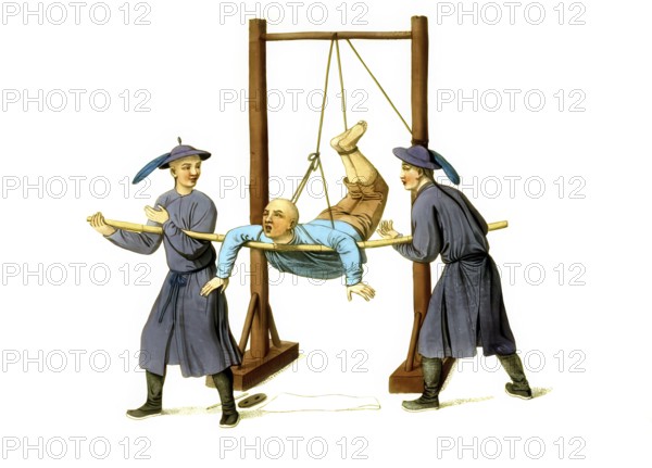 Jurisprudence, torture and punishment in medieval China, historical form of torture, often referred to as The Swing. During this ordeal, the victim was handcuffed by the wrists and ankles and often hung up in a curved, unnatural position. The load on the joints, tendons and the spine is immense, authentic, digitally restored reproduction from an 18th century original, exact date of presentation unknown, historical
