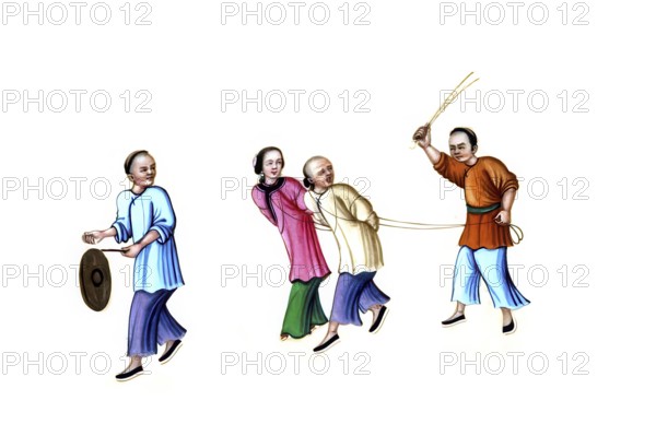 Jurisprudence, torture and punishment in medieval China, punishment of a criminal through public display on the street, authentic, digitally restored reproduction from an 18th century model, exact date of presentation unknown, historical