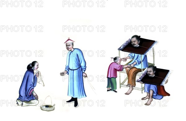 Jurisprudence, torture and punishment in medieval China, punishment by chain collar or pillory, authentic, digitally restored reproduction from an 18th century original, exact date of presentation unknown, historical