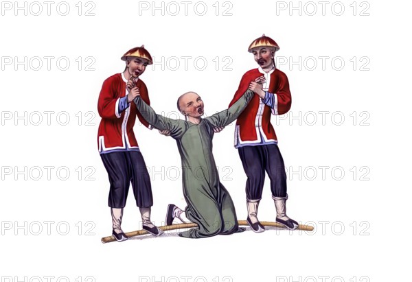 Jurisprudence, torture and punishment in medieval China, form of corporal punishment used in the past against interpreters who were accused of deliberate mistranslation. A large piece of bamboo cane is placed behind the back of his knees, this is kicked down with their feet by two men, each standing at one end, authentic, digitally restored reproduction of an 18th century original, exact date of presentation unknown, historical