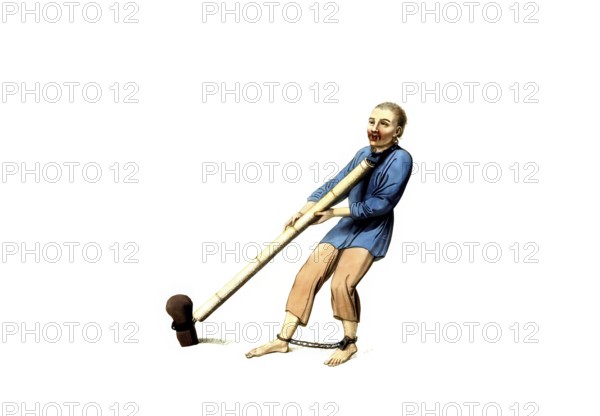 Jurisdiction, torture and punishment in medieval China, punishment with bamboo cane. A piece of bamboo cane is provided whose length is almost the same as the body size of the delinquent and has a considerable circumference. Since this bamboo is completely hollow, it allows a large iron chain to be passed through it. One end of this chain is riveted to a pole, the other encloses the prisoner's neck and is secured there with a padlock, authentic, digitally restored reproduction from an 18th century original, exact date of depiction unknown, historical