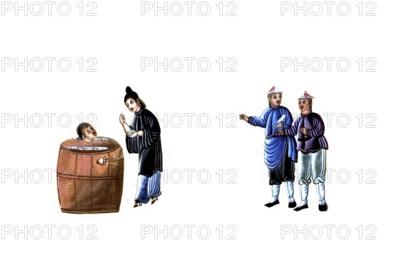 Jurisprudence, torture and punishment in medieval China, man is trapped and imprisoned in a large barrel, authentic, digitally restored reproduction from an 18th century original, exact date of depiction unknown, historical