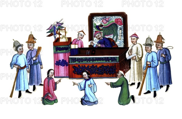 Jurisdiction, torture and punishment in medieval China, scene depicting a traditional court or an official assembly. A court scene with officials in traditional dress and people kneeling, authentic, digitally restored reproduction from an 18th century model, exact date of depiction unknown, historical
