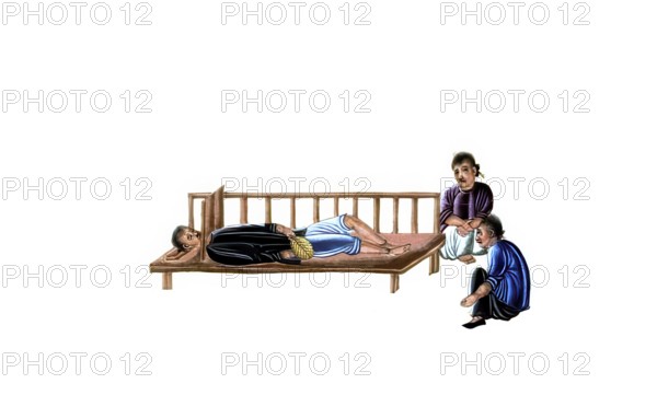 Jurisprudence, torture and punishment in medieval China, torture scene from China, which was often exaggerated or imprecisely presented in western publications of that time. The person on the flatbed appears to be handcuffed while two other figures watch, authentic, digitally restored reproduction from an 18th century model, exact date of depiction unknown, historical