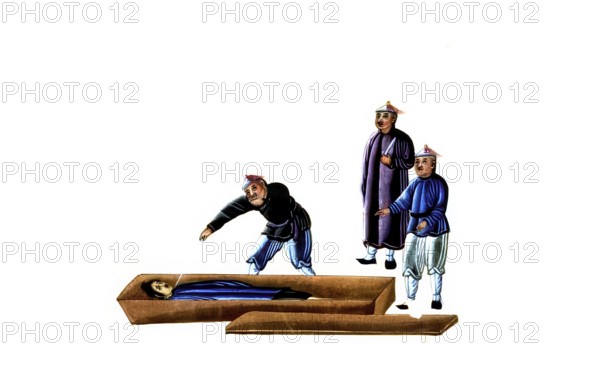 Jurisprudence, torture and punishment in medieval China, the scene shows officials examining a dead person in a coffin Man is placed in a coffin and pierced through the throat with a sword, authentic, digitally restored reproduction from an 18th century original, exact date of depiction unknown, historical