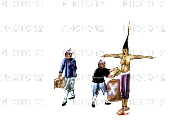 Jurisprudence, torture and punishment in medieval China, a convict is bound to a wooden cruciform frame. A man carries a severed head in a cage, which served as a deterrent example in public space, authentic, digitally restored reproduction from an 18th century model, exact date of depiction unknown, historical