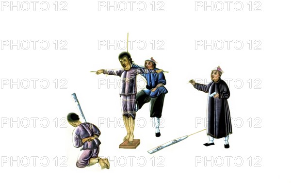 Jurisprudence, torture and punishment in medieval China, Lingchi torture method, death by a thousand cuts. The convicted person was tied to a wooden frame while the executioner or an assistant kneeled in front of it to prepare or carry out the sentence, authentic, digitally restored reproduction from an 18th century original, exact date of depiction unknown, historical