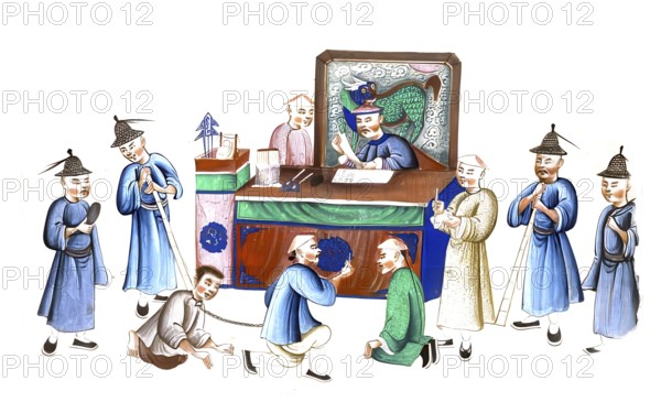 Jurisprudence, torture and punishment in medieval China, the illustration depicts a historic Chinese court scene depicting a defendant in front of a magistrate. The magistrate sits behind a desk and is surrounded by guards, a scribe and a secretary. Two people kneel in front of the judge, one of whom is bound by chains, authentic, digitally restored reproduction from an 18th century model, exact date of depiction unknown, historical