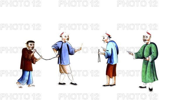 Jurisprudence, torture and punishment in medieval China, group of four people. An official or guard leads a prisoner on a heavy chain that is placed around their neck, authentic, digitally restored reproduction from an 18th century model, exact date of depiction unknown, historical
