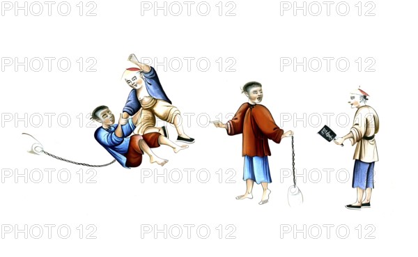 Jurisprudence, torture and punishment in medieval China, The image shows a historical depiction of Manchu officials or figures during the Qing Dynasty, judges and executioners (1644 - 1912) in China, authentic, digitally restored reproduction from an 18th century original, exact date of depiction unknown, Historical