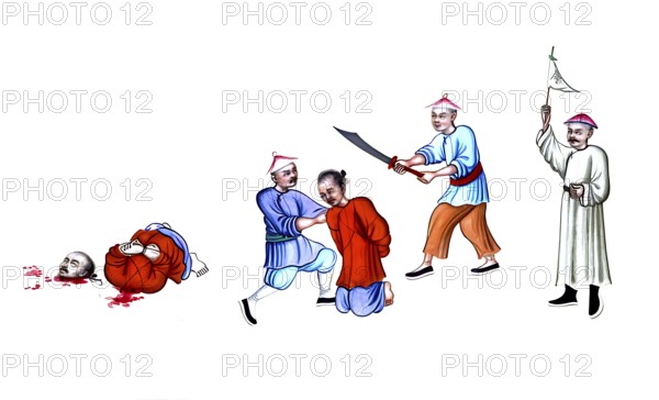 Jurisprudence, torture and punishment in medieval China, The artwork shows a public beheading scene in imperial China, probably during the Qing dynasty (1644 to 1911), authentic, digitally restored reproduction from an 18th century original, exact date of depiction unknown, Historical