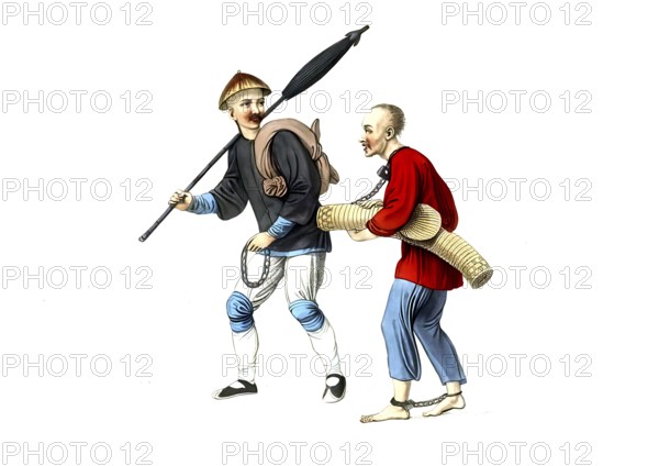 Jurisdiction, torture and punishment in medieval China, offenders are led into exile. A person sentenced to deportation is led by a judicial officer to the country intended for their future residence. She wears a mat, which serves as a bed for her, and a palm leaf, which protects her from the weather. Her crime, verdict and name are written on her back in eye-catching letters, authentic, digitally restored reproduction from an 18th century model, exact date of depiction unknown, historical