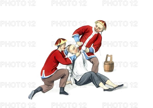 Jurisprudence, torture and punishment in medieval China, burning a person's eyes with lime, a small amount of undissolved lime is placed in cotton cloths and placed close to the organs of vision, authentic, digitally restored reproduction from an 18th century original, exact date of presentation unknown, historical