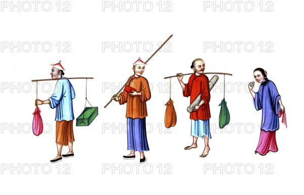 Jurisprudence, torture and punishment in medieval China, this image is a Chinese Pith paper painting presumably depicting Chinese prisoners bearing heavy burdens. The men carry the loads of poles that balance on their shoulders, authentic, digitally restored reproduction from an 18th century model, exact date of depiction unknown, historical