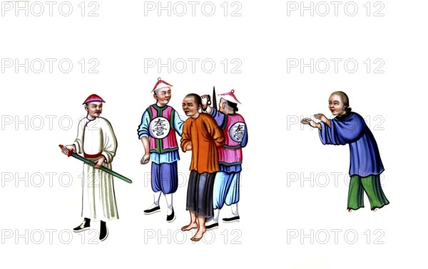 Jurisprudence, torture and punishment in medieval China, The picture shows a historical depiction of a punitive scene in China around 1810. It represents a form of punishment in which a person is held by guards. The scene shows Chinese officials and a prisoner, authentic, digitally restored reproduction from an 18th century model, exact date of depiction unknown, historical