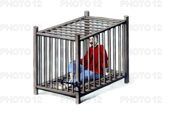 Jurisdiction, torture and punishment in medieval China, criminals in a cage. This person is also secured by a chain, which extends from their neck to their ankle and from there is attached to one of the corner posts of their wooden cage, whose entrance is formed by two movable bars. A wooden plank serves as a seat and bed for this prisoner, authentic, digitally restored reproduction from an 18th century model, exact date of depiction unknown, historical