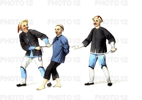 Jurisprudence, Torture and Punishment in Medieval China, This illustration shows a defendant being brought to prison, tied with a chain around his neck, authentic, digitally restored reproduction from an 18th-century original, exact date of depiction unknown, Historical